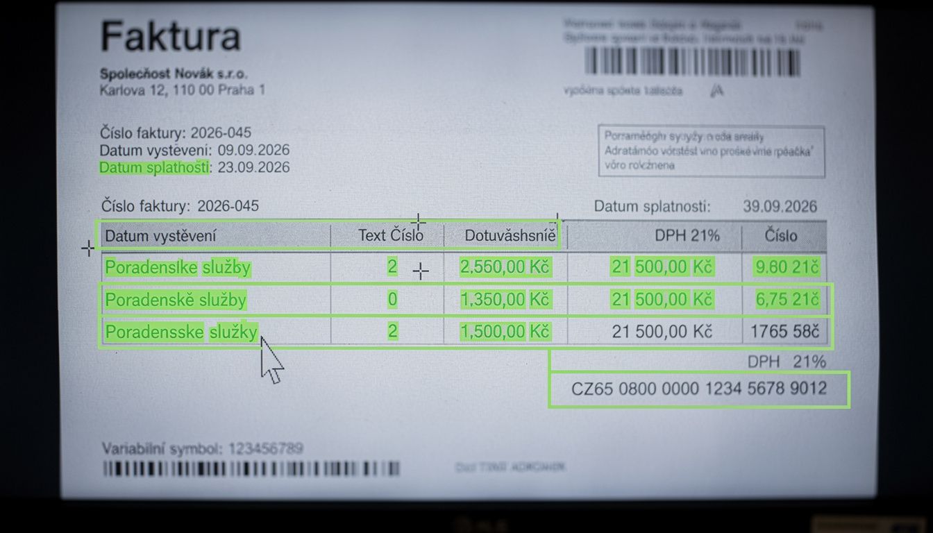 Detailní záběr na OCR rozpoznávání textu z naskenovaného dokumentu na monitoru
